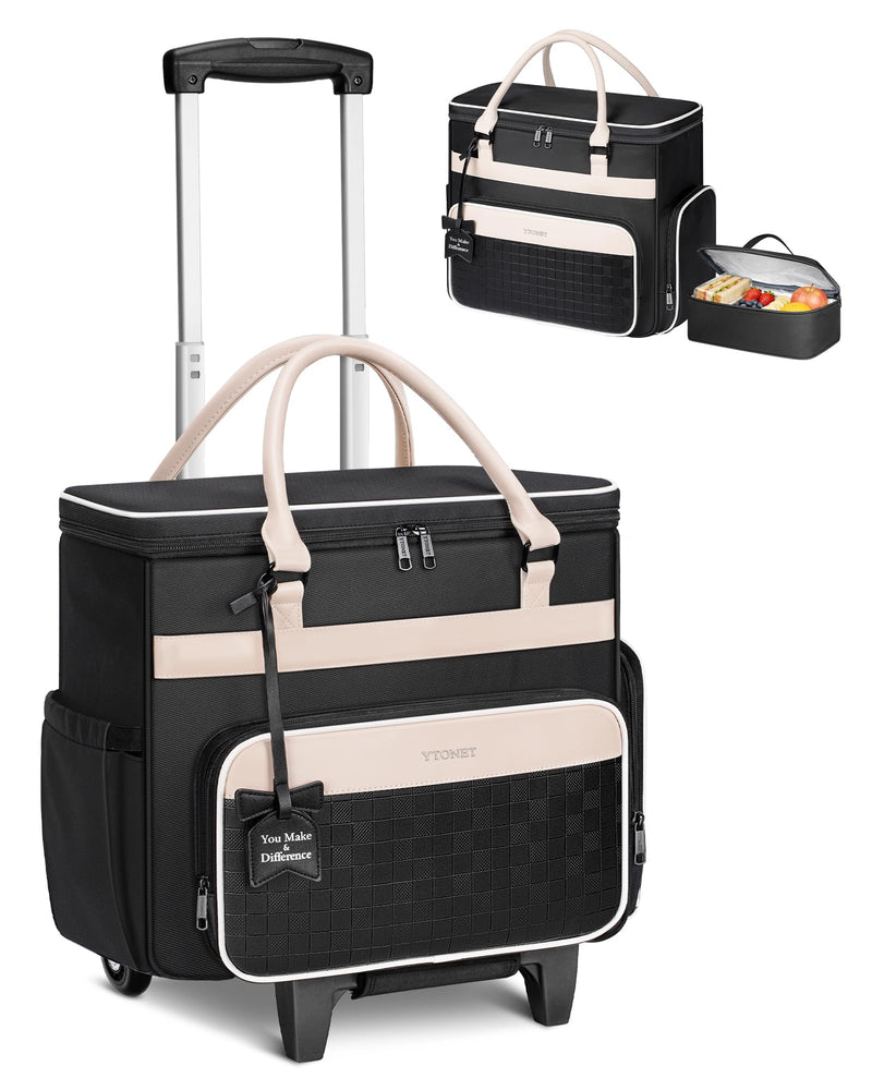 Ytonet Rolling Laptop Bag with Insulated Lunch Box, 15.6 In Rolling Briefcase for Women with Large Cup Holder, Detachable Trolley Roller Underseat Bags for Work, Office, Teacher, Travel, Black Beige