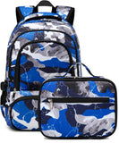BLUEFAIRY Boys Backpack with Lunch Box for Kids Elementary Middle School Bags Set Child Book Bags Back to School Gifts Mochila Escolar para Niños Adolescentes Camo Blue