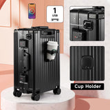 MYER Hard Case 24 Inch Checked Luggage with Spinner Wheels,Aluminum Luggage with 100% 3-Layer PC,Hard Shell Suitcases with Wheels,Cup Holder and USB Port (Classic Black, 24 inch)