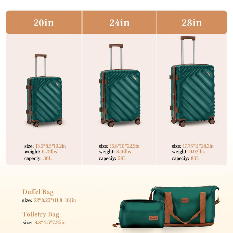 Rosamo 5 piece Luggage Set Expandable Suitcase 22x14x9 Airline Approved Carry on, ABS Hard Case Suitcases with Spinner Wheels, TSA Lock (Dark Green)
