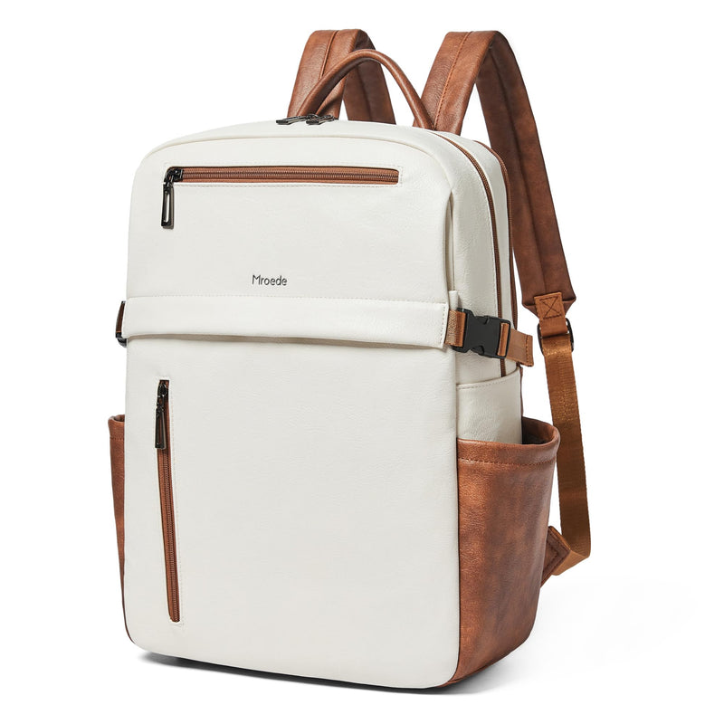 Mroede Leather Laptop Backpack for Women, 15.6 Inch Laptop Travel Backpack Purse Large Capacity Computer Bag, Casual Daypack Nurse Bag College Bookbag for School, Beige