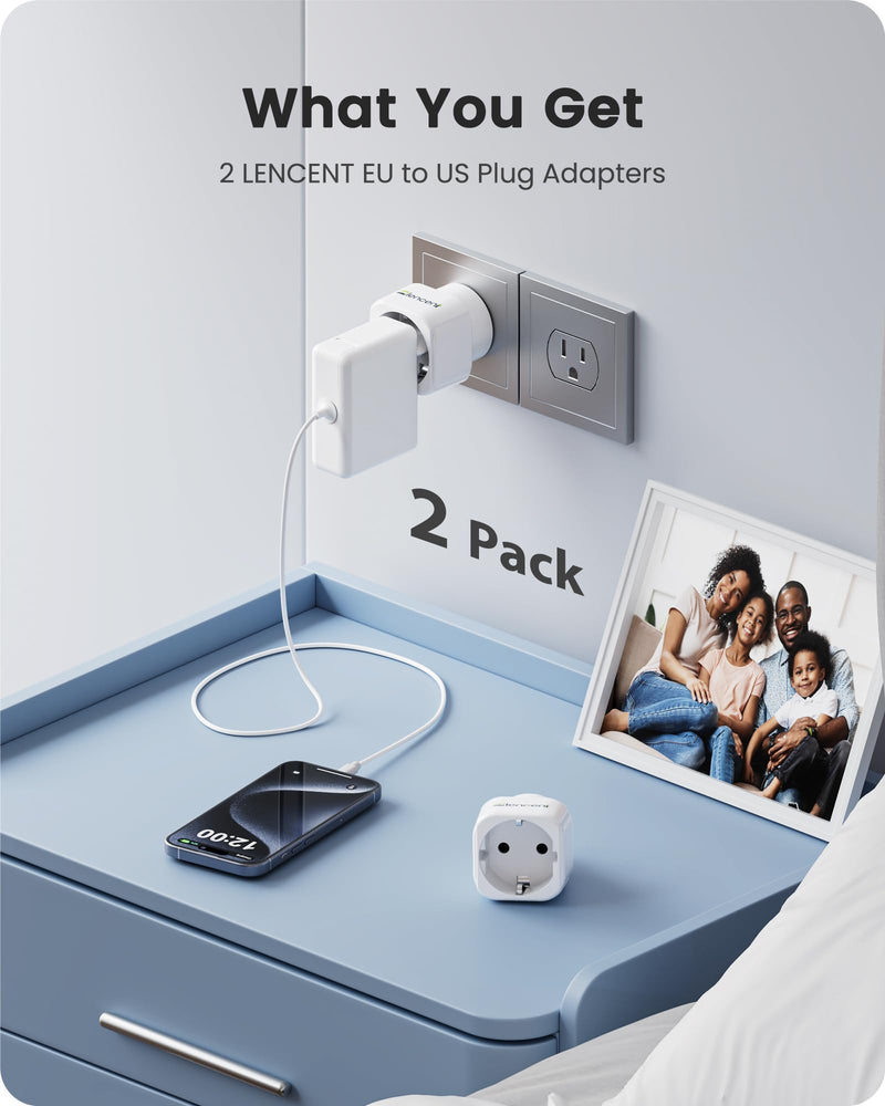 LENCENT 2 Pack Europe to US Plug Adapter,European to USA Adapter, American Outlet Plug Adapter, EU to US Adapter, Europe to USA Travel Plug Converter