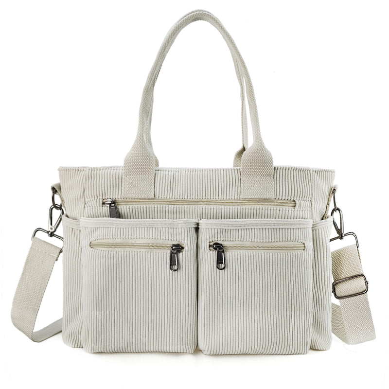 Womens Casual Corduroy Tote Bags with Multiple Pockets Fashion Hobo Crossbody Bag Travel Shoulder Bags Cute Purse Handbag (White)