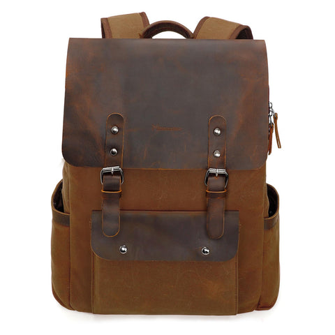 Modoker Waxed Canvas Backpack, Leather Rucksack Knapsack for Men Woman Vintage Travel Laptop Backpack 15.6 Inch Satchel Backpack, Retro Flap Backpacks Canvas Casual Bookbag Brown