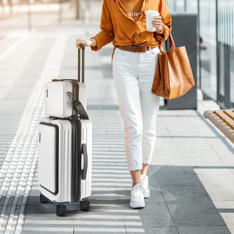 TRAVELARIM 20 Inch Carry On Luggage 22x14x9 Airline Approved, Carry On Suitcase with Wheels, Hard-shell Carry-on Luggage, Durable Luggage Carry On, White Small Suitcase with Cosmetic Carry On Bag
