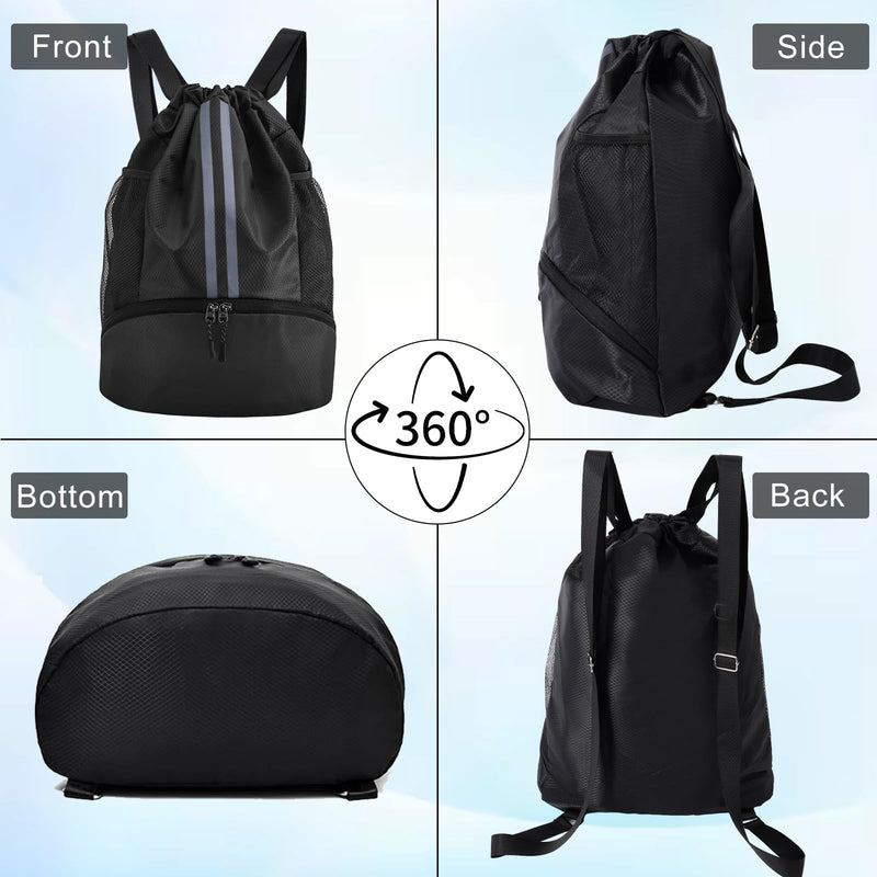 YEVOPOU Sports Drawstring Backpack with Shoes Compartment, String Gym Bag with Wet Proof Pocket for Basketball, Soccer, Swim, Black Sport Bag for Men and Women