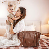 miss fong Diaper Bag Tote Leather Diaper Bag Backpack, Large Capacity Mommy Bag Hospital Bag, 12 Pockets Travel Diaper Tote with Changing Pad Pañaleras Para Bebe for Mom & Dad-Brown