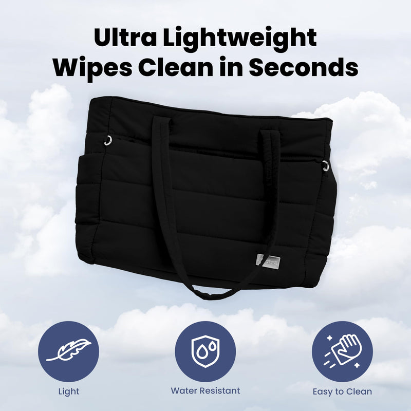 rubyloo Puffer Dog Travel Bag for Dog Moms – Doggy Diaper Bag with Pet Bowls & Food Storage or Everyday Puffy Tote – Doggy Mom Gifts for Women – Lightweight, Travel-Ready Gift for Pet Lovers - Black