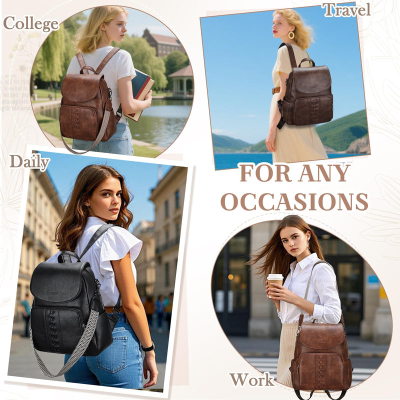 VASCHY Backpack Purse for Women, Fashion Cute Vegan Leather Flap Backpack Convertible Handbag for Ladies with Guitar Strap Brown