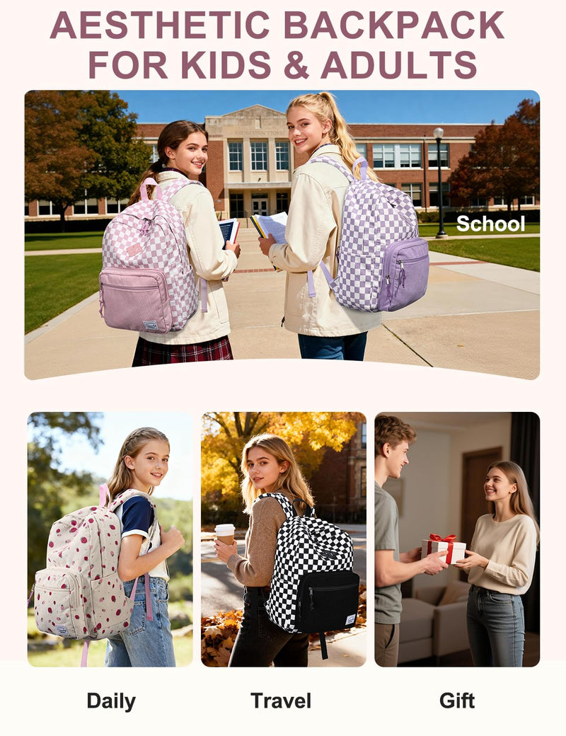 VASCHY Corduroy Backpack for Girls, Lightweight School Bag for Elementary, Middle & High School, Teen Bookbag, Women’s Casual Travel Daypack Strawberry