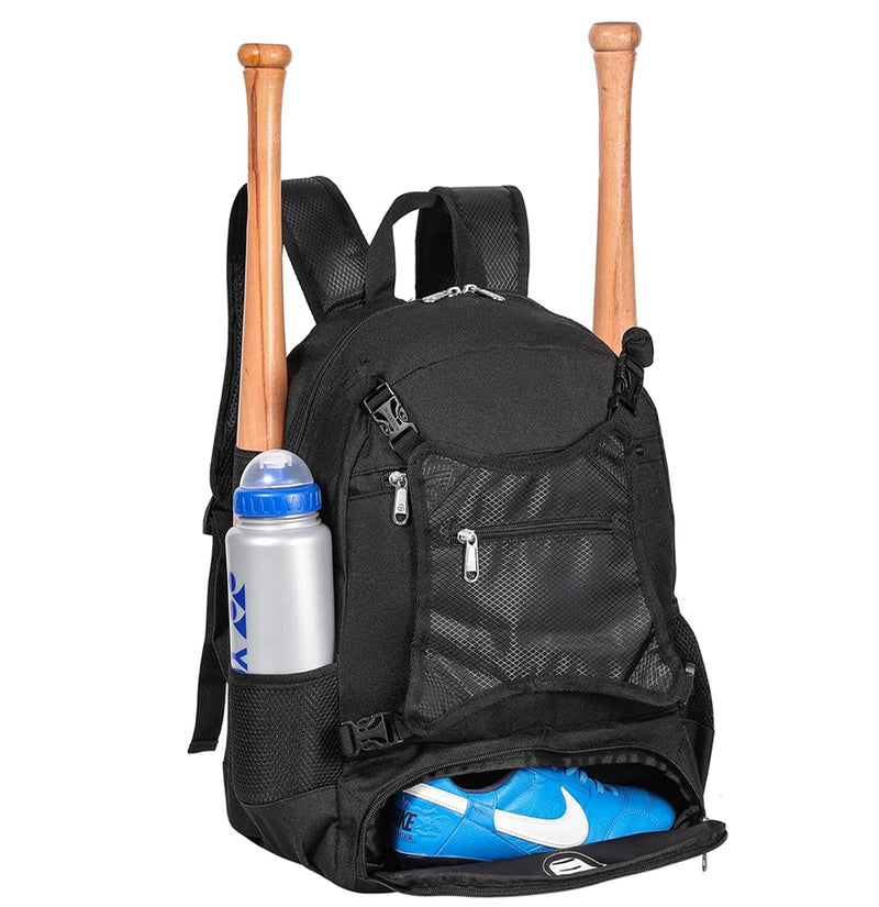 TRAILKICKER Baseball Bag for Boys Lightweight Youth Softball Backpack with Shoe Compartment and External Helmet Holder, Durable and Waterproof, Black