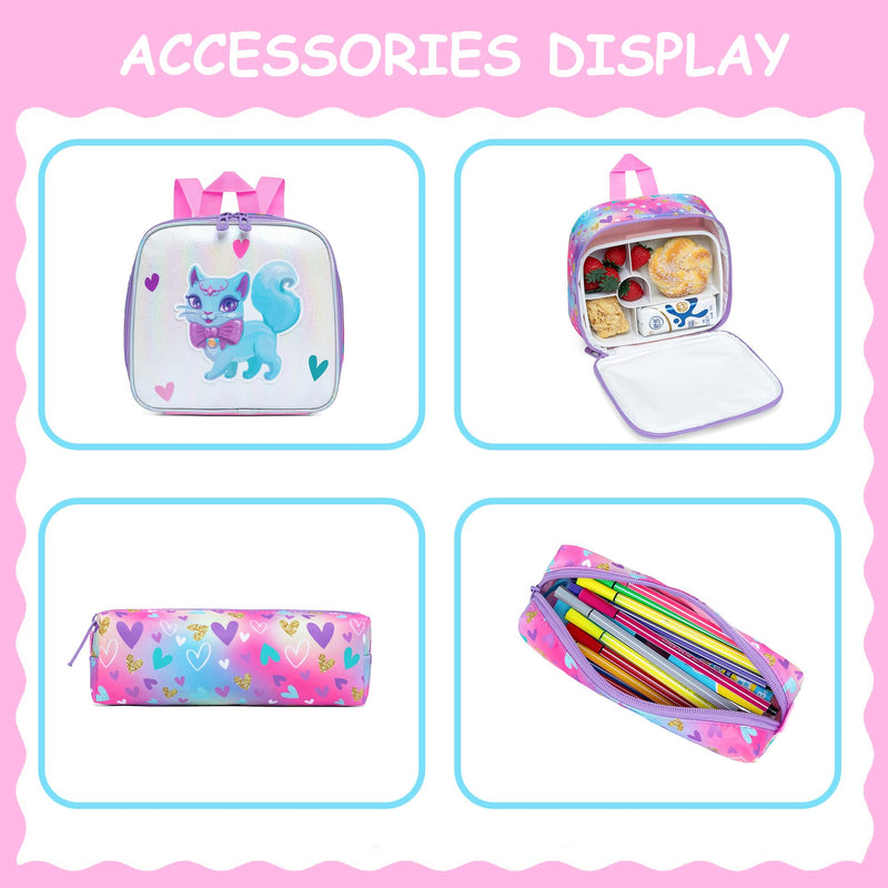 Meetbelify Cute Cat Rolling Backpack for Girls Backpacks with Wheels for Elementary Preschool Students with Lunch Box Pencil Case for Girls Age 8-10