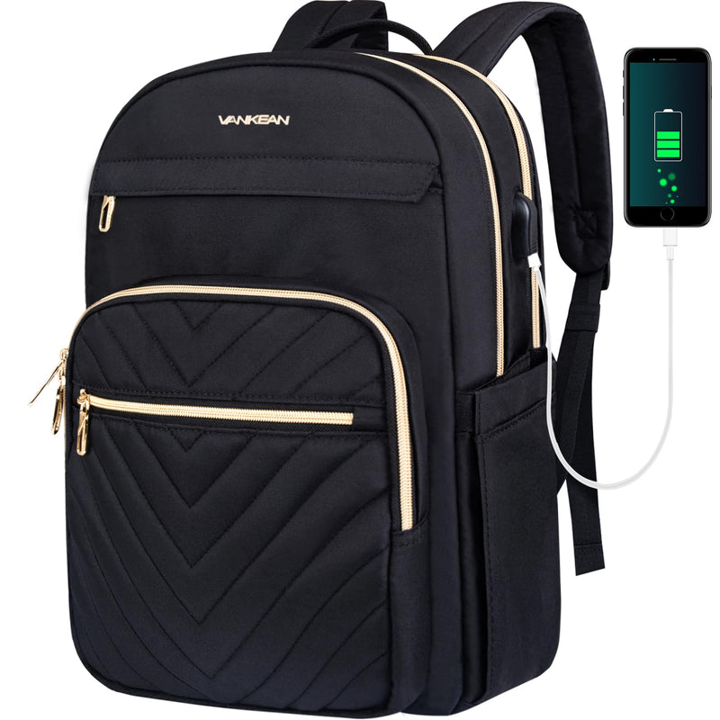 VANKEAN Laptop Backpack for Women with USB Port, Laptop Computer Bag Travel Backpack Purse,Waterproof Work Business Backpack College Teacher Bags, Black