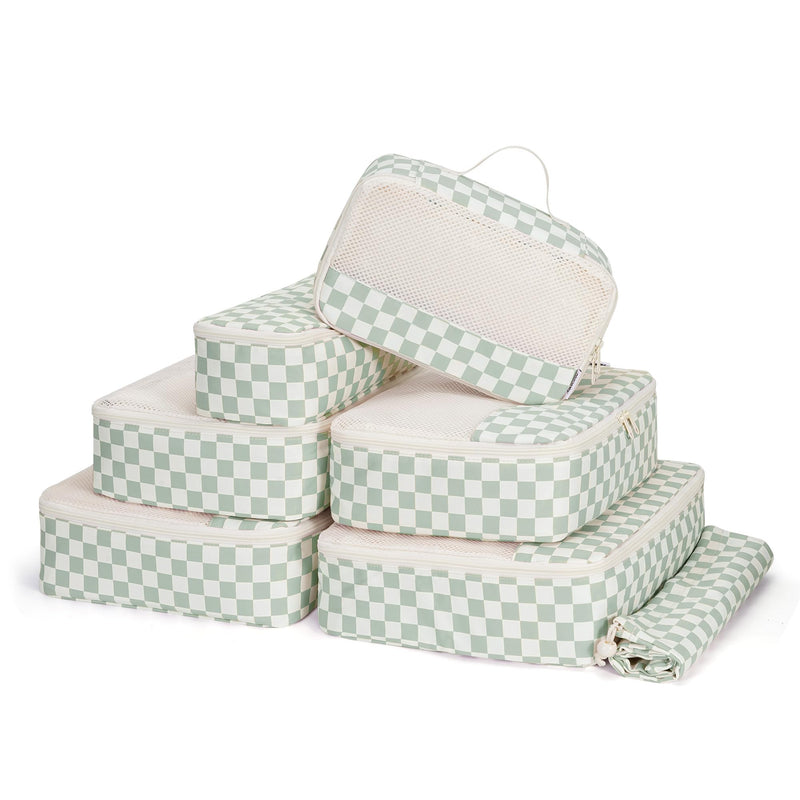 Narwey 7 Set Checkered Packing Cubes for Travel Kids Women, Durable Packing Organizer Bags for Carry on Suitcase Luggage Travel Essentials Accessories (Mint Green Checkerboard)