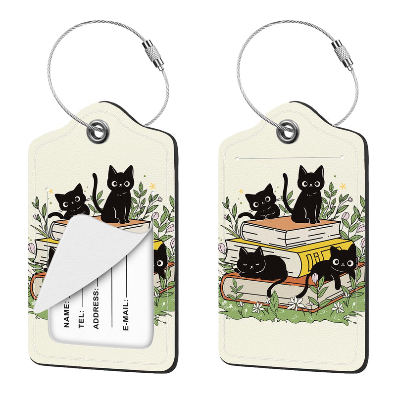 Nyixblyre 2 Pcs Luggage Tag for Suitcases, Black Cat Book Cute PU Leather Suitcase Tag Privacy Cover ID Label with Metal Loop, Personalized Baggage Identifier for Women Cruise Bag Travel Essentials