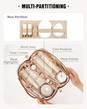 EACHY Travel Makeup Bag, Large Capacity Cosmetic Bags for Women, Waterproof Portable Open Flat Toiletry Bag Make up Bag with Divider and Handle, Gifts for Women (Brown, Large)