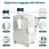 Faqy Z 20 Inch Aluminum Frame Carry On Luggage with Front Pocket, USB Port, Phone Holder & Cup Holder, Hard Shell Spinner Suitcase for Airplane Travel, White