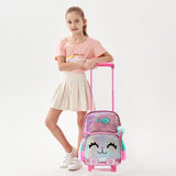 Meetbelify Cute Cat Rolling Backpack for Girls, Pink, 17"X11.8"X6.7", with Laptop Sleeve, Lunch Box, Pencil Case, and Pendant