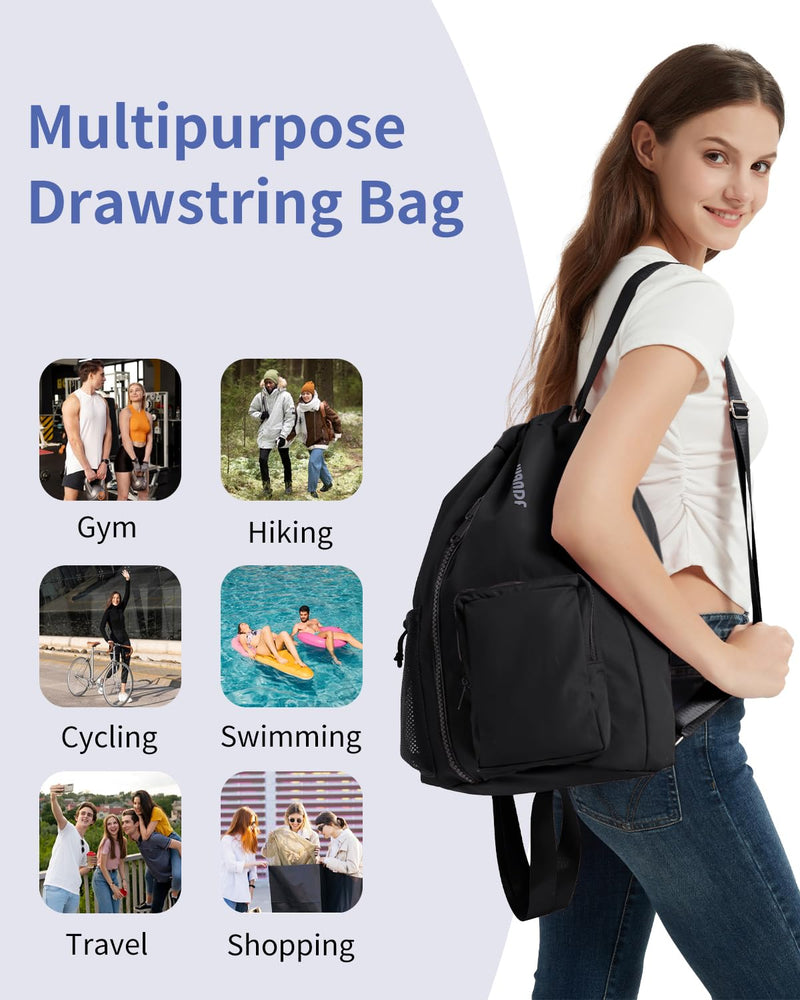 WANDF Drawstring Backpack Sports Gym Bag with Shoes Compartment, Water-Resistant String Beach Sackpack Swim Bag for Women and Men (Black)
