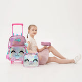 Meetbelify Cute Cat Rolling Backpack for Girls, Pink, 17"X11.8"X6.7", with Laptop Sleeve, Lunch Box, Pencil Case, and Pendant