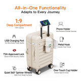 DTA Nova Top Opening Expandable Lightweight PC Hard Shell Suitcase, 20 Inch Carry On Luggage with TSA Lock, 360 Silent Spinner Wheels, Cup Holder, Ideal for Business Travel Suitcase (Beige)