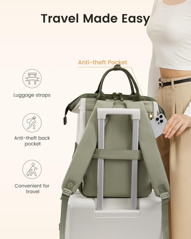 LOVEVOOK Laptop Backpack for Women with Giant Tumbler Holder,15.6 inch Professional Nurse Teacher Backpack Computer Laptop Bag,Cute Travel Backpack Purse Work College Bag,Beige-Bean green-Army green