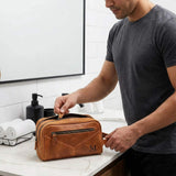 HomeWetBar Beckham Toiletry Bag for Men - Monogrammed Multi-Pocket Saddle Bag, Brown Hanging Dopp Kit