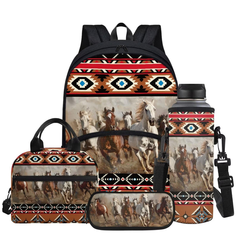 Glomenade Kids School Bag Aztec Horse Western Backpack for Boys with Lunch Box Cooler Water Bottle Sleeve Cover Small Portable Pencil Pen Case Back to School Supplies