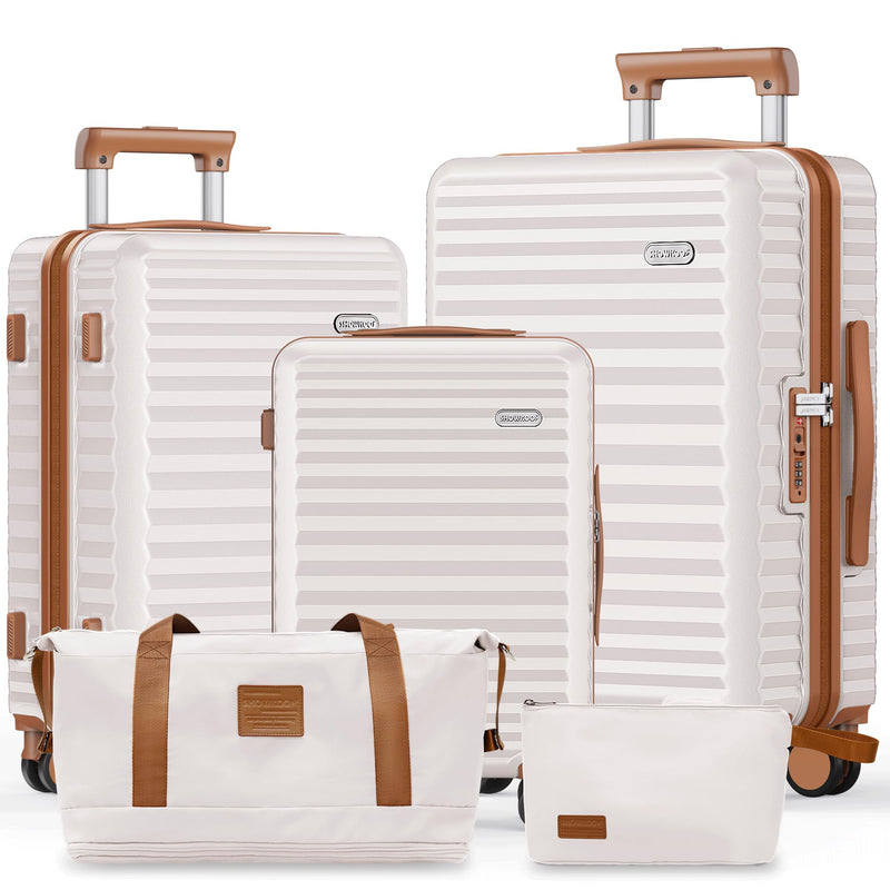 SHOWKOO Luggage Sets 3 Piece Hardside Expandable Suitcase with Double Spinner Wheels Tsa Lock, (Beige White, 5 piece set)