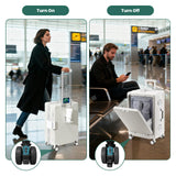 Faqy Z 20 Inch Aluminum Frame Carry On Luggage with Front Pocket, USB Port, Phone Holder & Cup Holder, Hard Shell Spinner Suitcase for Airplane Travel, White
