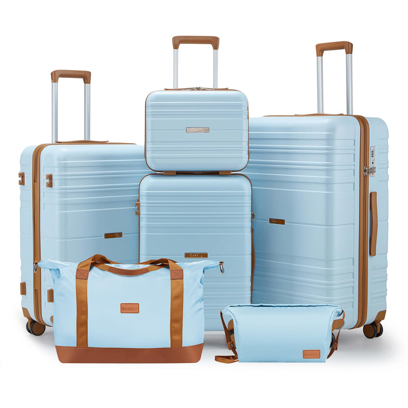 CASELLY Luggage Sets 6 Piece with Spinner Wheels, Lightweight Hardshell Suitcase Set with TSA Lock, Carry On Checked Luggage Set with YKK Zippers(Light Blue, 6 piece sets（14/20/24/28/DB/TB）)