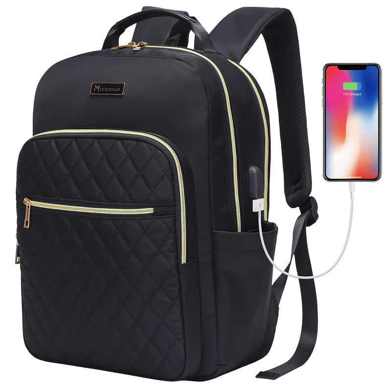 Modoker Eco-Friendly 15.6 Inch Laptop Backpack, Quilted Work Backpack for Women Bookbag Teacher Backpack with USB Charging Port, Travel Backpack Purse for Women Nurse, Black