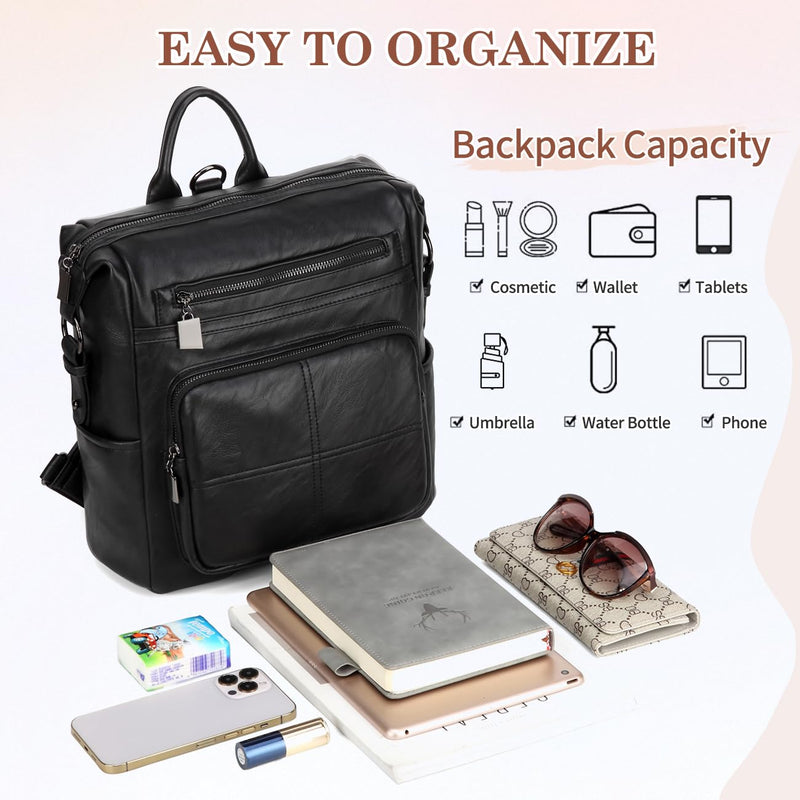 VASCHY Backpack Purse for Women,Fashion Convertible Vegan Leather Shoulder Bags Handbags for Work/Travel/Ladies/College Black