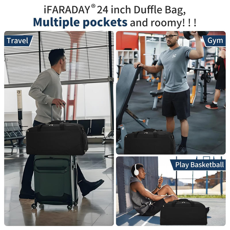 iFARADAY 47L Travel Duffel Bag with Shoe Compartment, Weekender Gym Duffle Bag with Luggage Sleeve & Multiple Pockets for Overnight Trips (Black)