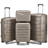 TRAVELEO 4 Piece Luggage Set PP Hardshell, Expandable Suitcase Set (20/24/28) with 14" Cosmetic Case, Lightweight Spinner Wheels with TSA Lock, Detachable Wheels for Nesting Storage (Champagne)