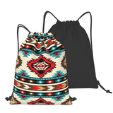 QISENTIS Tribal Aztec Geometric Pattern Drawstring Backpack Bag Native American Ethnic Southwest Stripe Red Sport Gym Sack Navajo Print String Bags Yoga Shopping Travel Casual Daypacks for Women Men