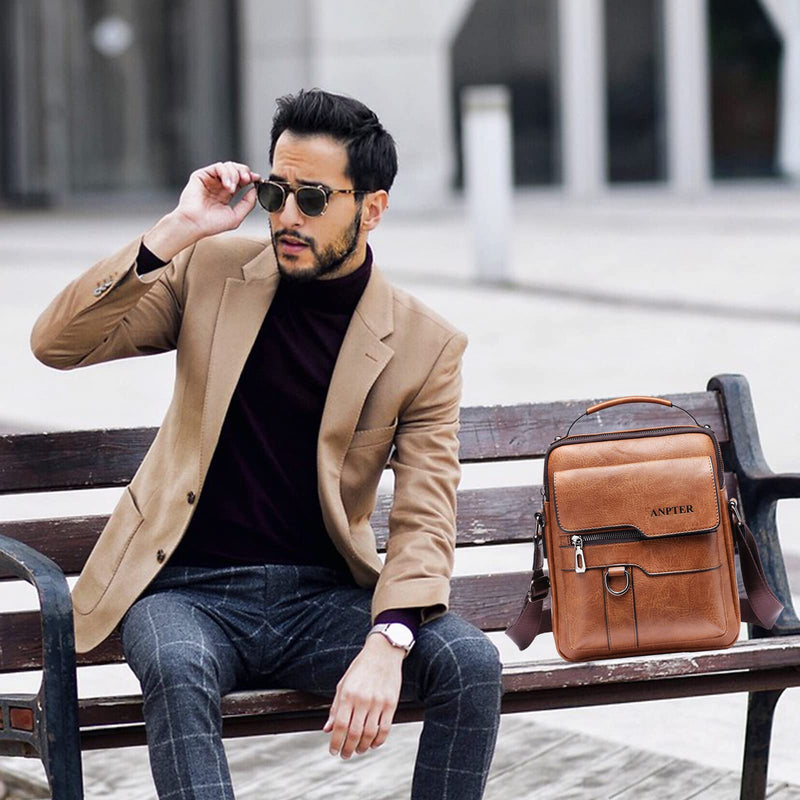 Messenger Bag for Men Crossbody Shoulder Purse Small Vintage PU Leather Satchel Pouch Side Crossover Handbag (Men Messenger Bag for Brown)