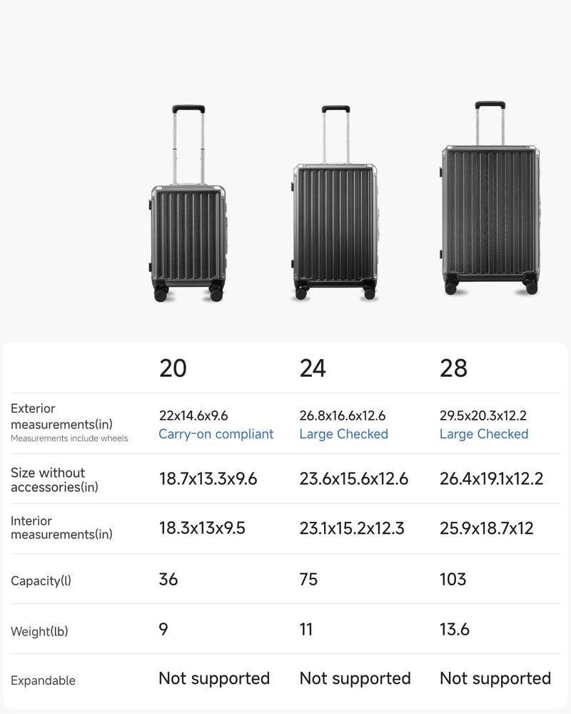 Carry On Luggage with Spinner Wheels, 8010S Aluminum Frame Zipperless Polycarbonate Hard Shell Suitcase (ZX-Core, Charcoal Metallic, 20 Inch)