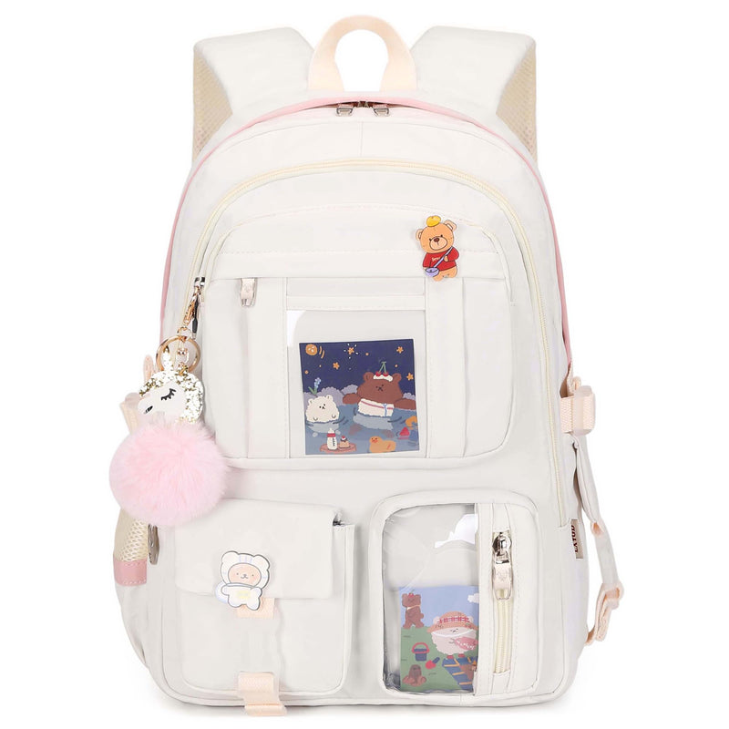 Backpack for Girls with Accessories Laptop Bookbags 16 Inch Kawaii Kids Elementary Middle High School Bag College Travel Daypack Gifts for Teens Women Students (Off-white)