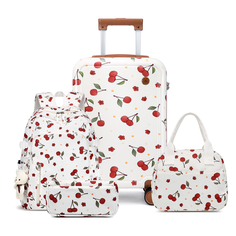 Somago 4 Piece Kid's Luggage with Backpack Set for Boys Girls Spinner 18" Hardside PC Rolling Carry on Suitcase with TSA Lock (Cherry White)