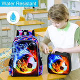 KLFVB 3PCS Kids Backpack, 17" Boys Football Bookbag and Lunch Box, Water Resistant Teenagers School Backpacks for Middle Elementary - Flame Soccer