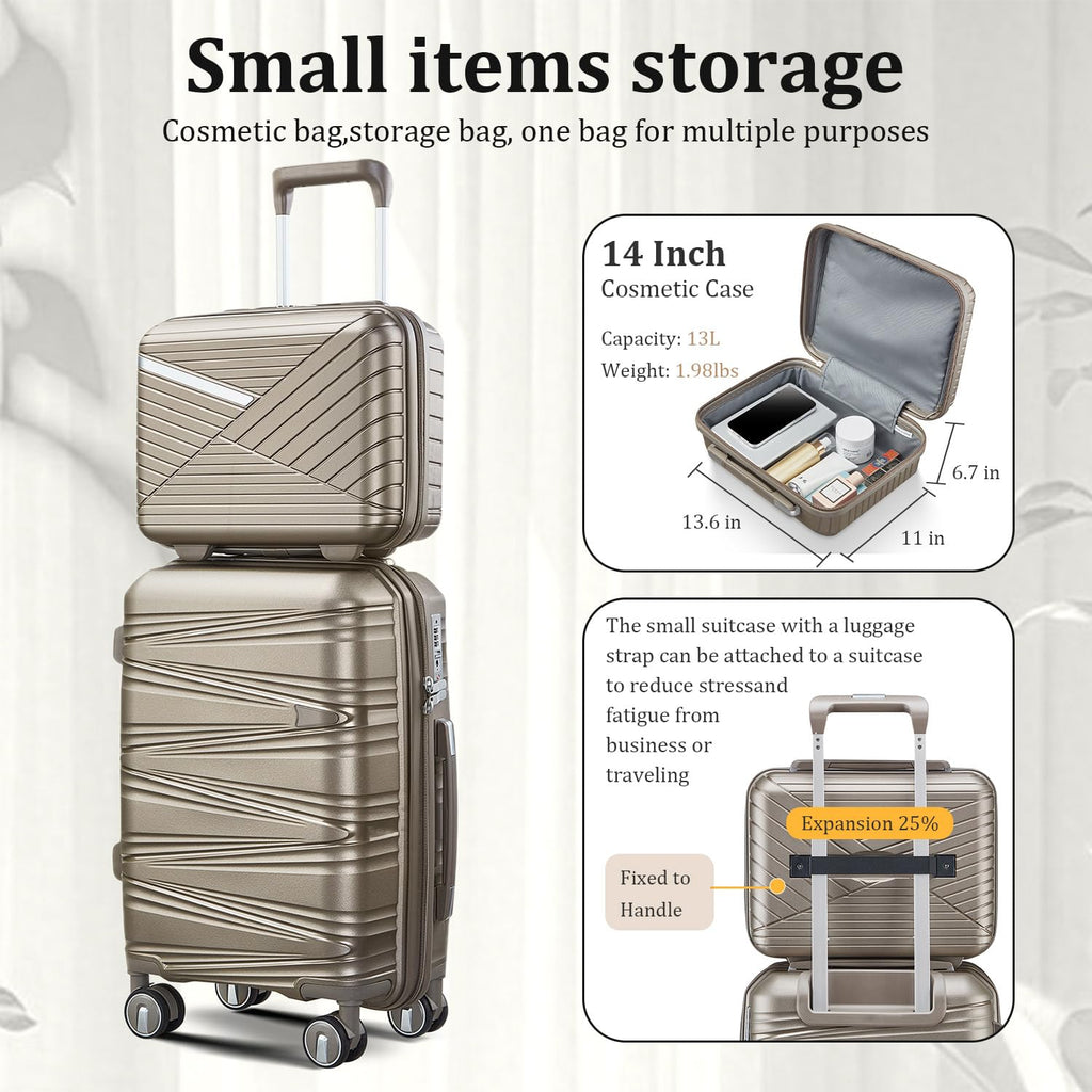 TRAVELEO 4 Piece Luggage Set PP Hardshell, Expandable Suitcase Set (20/24/28) with 14" Cosmetic Case, Lightweight Spinner Wheels with TSA Lock, Detachable Wheels for Nesting Storage (Champagne)