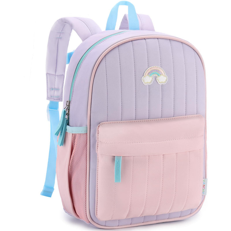 VASCHY Kids Backpack for Girls, Lightweight Quilted Color-blocked Bookbag Preschool Backpack for Kindergarten Children Light Purple Pink