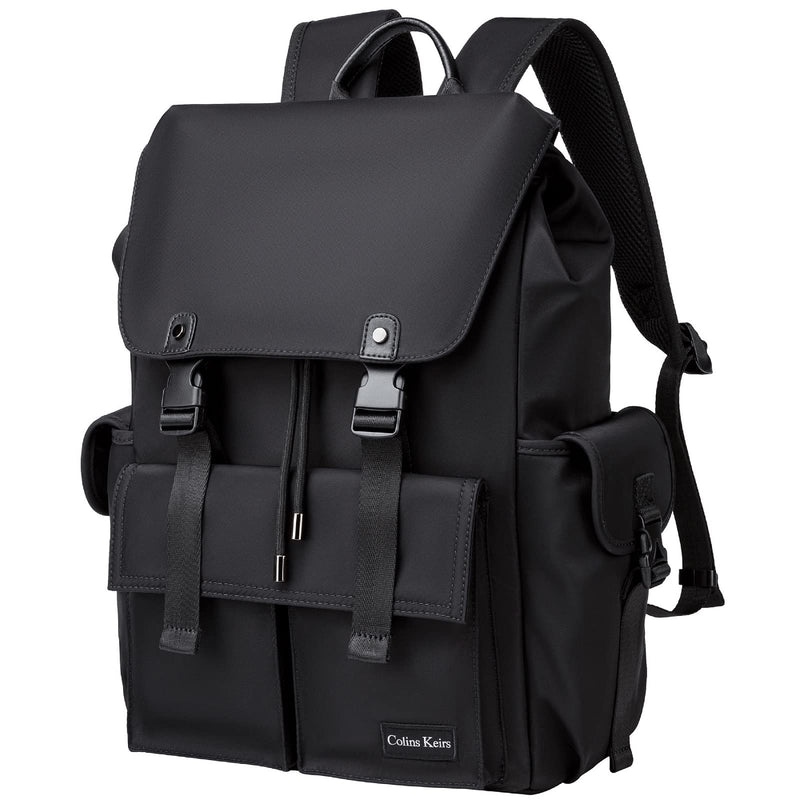 Colins Keirs Black Backpack for Men, 16 Inch Laptop Backpack with Computer Compartment, Drawstring Slim Waterproof Tech Backpack for Travel, Work, College or Daily Use