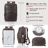 Masa Kawa Brown Leather Laptop Backpack for Men Fits 16” 15.6” Computer, Vintage Business Travel Work Large Daypack Weekender Bag Camping Rucksack