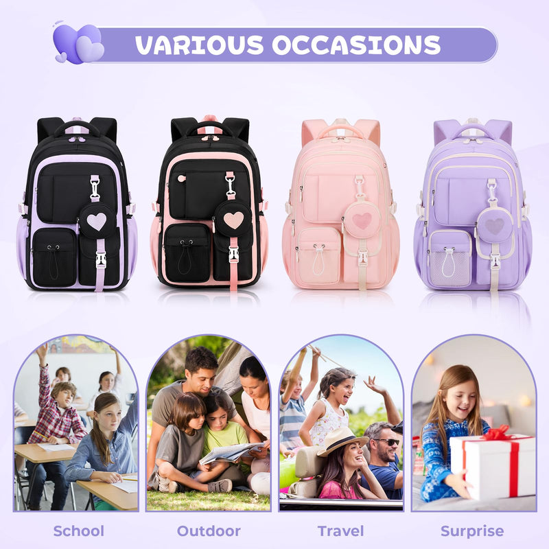 MOONBABY Girls Backpack, Kids Backpack for Girls, School Bag for Primary Elementary Teenage, Middle Students Bookbag, Kawaii School Backpacks for Girl Ages 8-12, Black and Purple