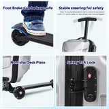 Scooter Suitcase for Kids & Adults，3-D Hardshell Ride On Scooter Luggage with Led Light Up Wheels，TSA Lock，Lightweight Foldable Carry On Rideable Suitcase for Children Teenagers (Silver, 21-inch)