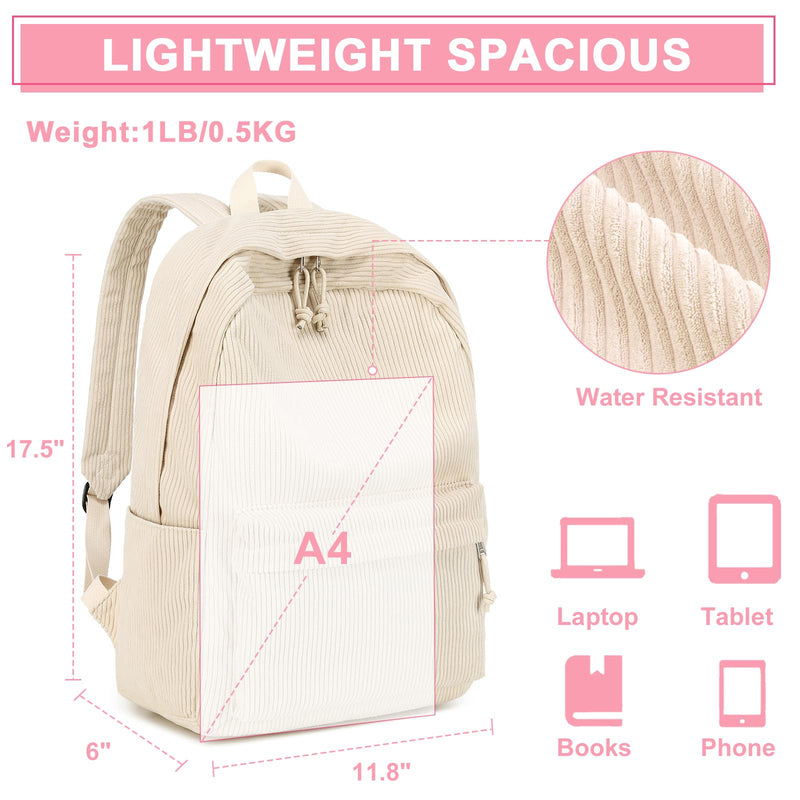 School Backpack for Teen Girls Bookbags Elementary High School Corduroy Laptop Bags Women Travel Daypacks (Beige)