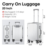 VATILIN 20 Inch All Aluminum Carry On Luggage 22x14x9 Airline Approved with Spinner Wheels,Hard Shell Zipperless Lightweight Small Suitcase with TSA Approved for Travel Business Women Men,Silver