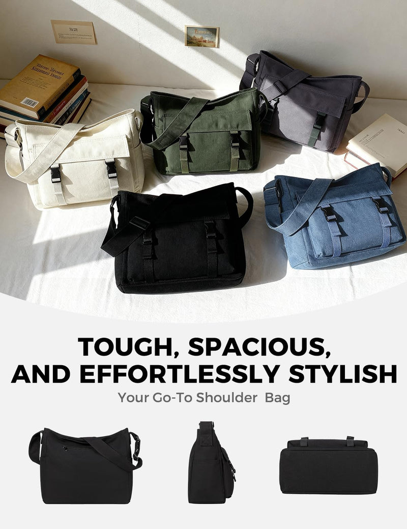 Canvas Messenger Bag,Lightweight Large Casual Crossbody Shoulder Hobo Bag for Women Men Work/Travel/College Black